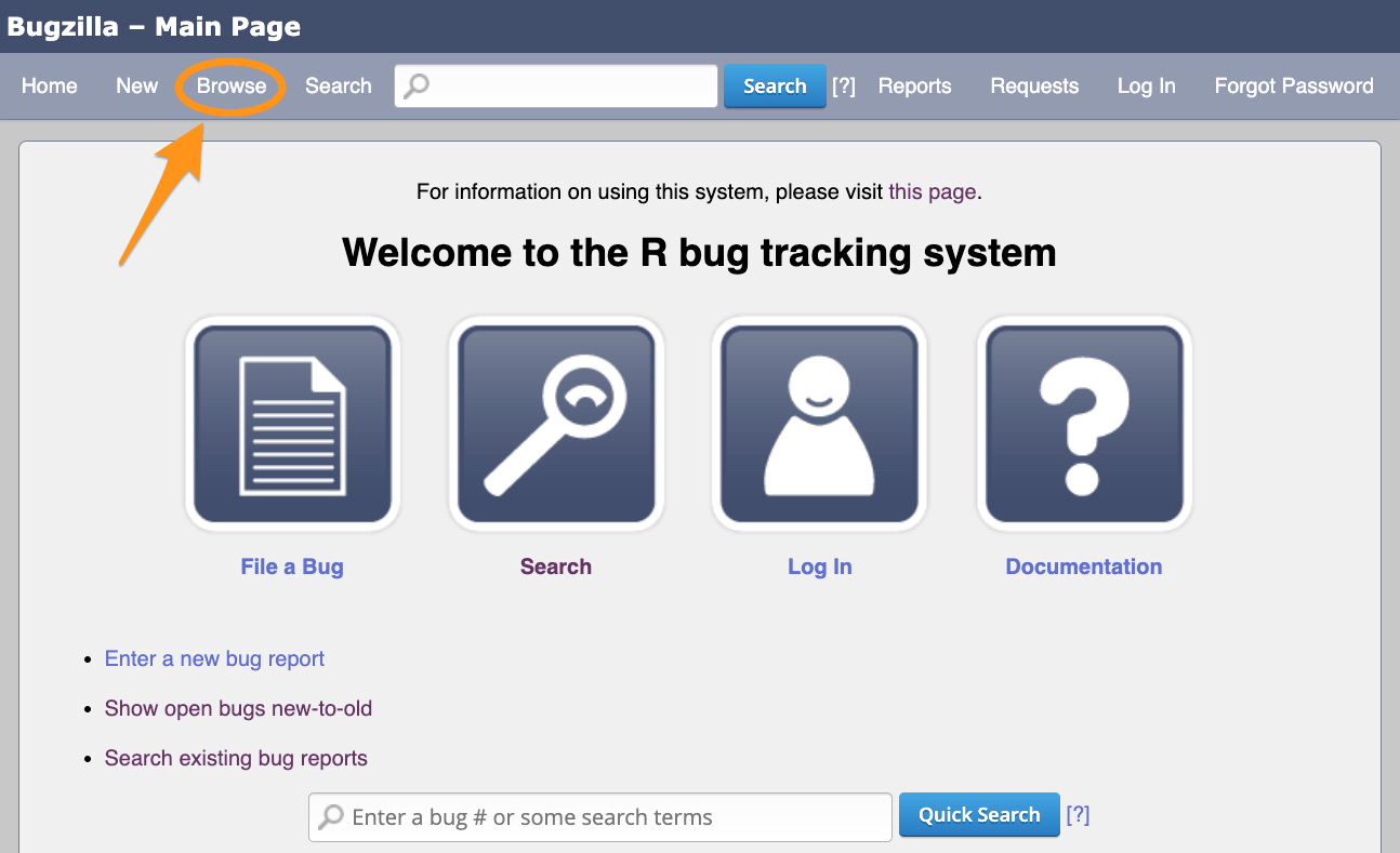 Screenshot of the home page for R's Bugzilla, with 'Browse' highlighted in the top menubar