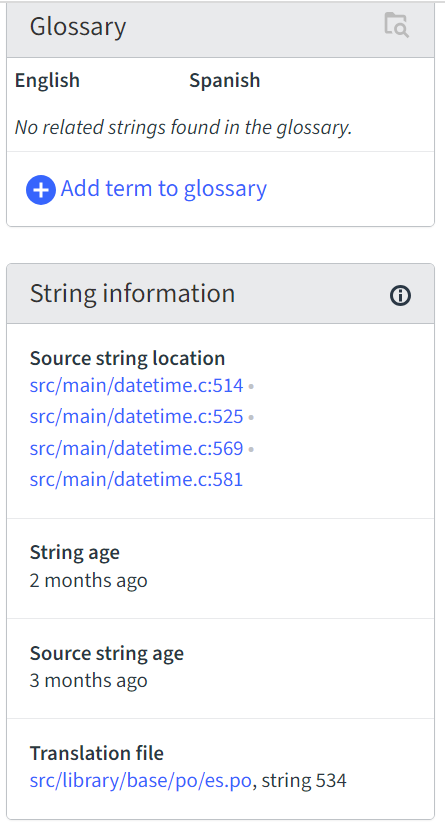 Screenshot showing part of the sidebar of the translation interface, including a box with source string information. This includes hyperlinks to the location of the source string in the source R or C files