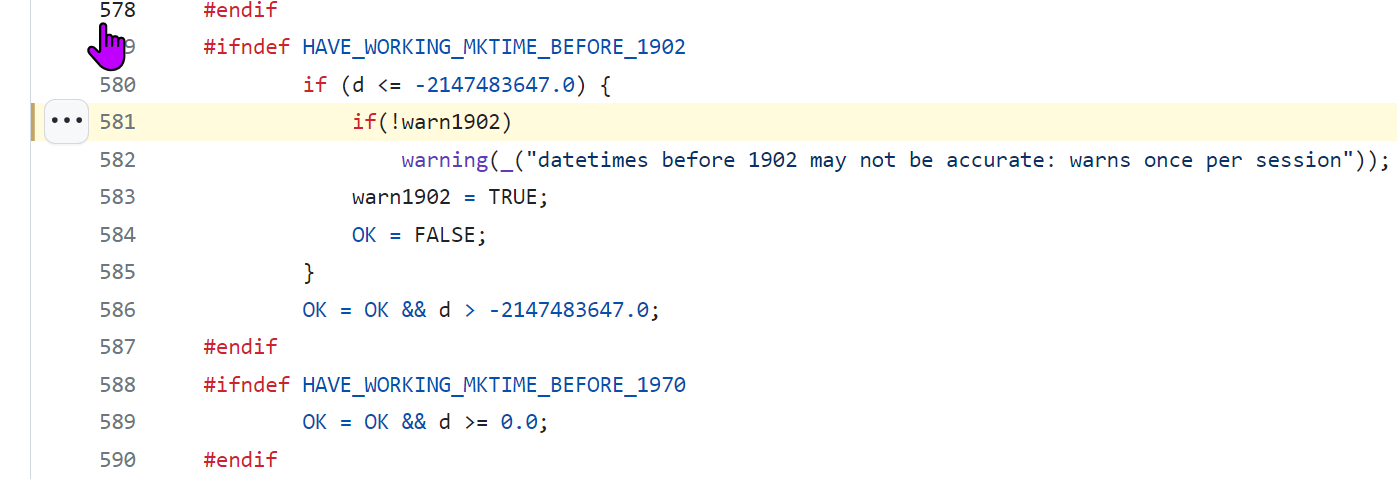 Screenshot showing a example source string location. Numbered lines of C code are shown, with one line highlighted corresponding to the line number in the hyperlink, where the source string should be located. In this case the source string is on the following line. 
