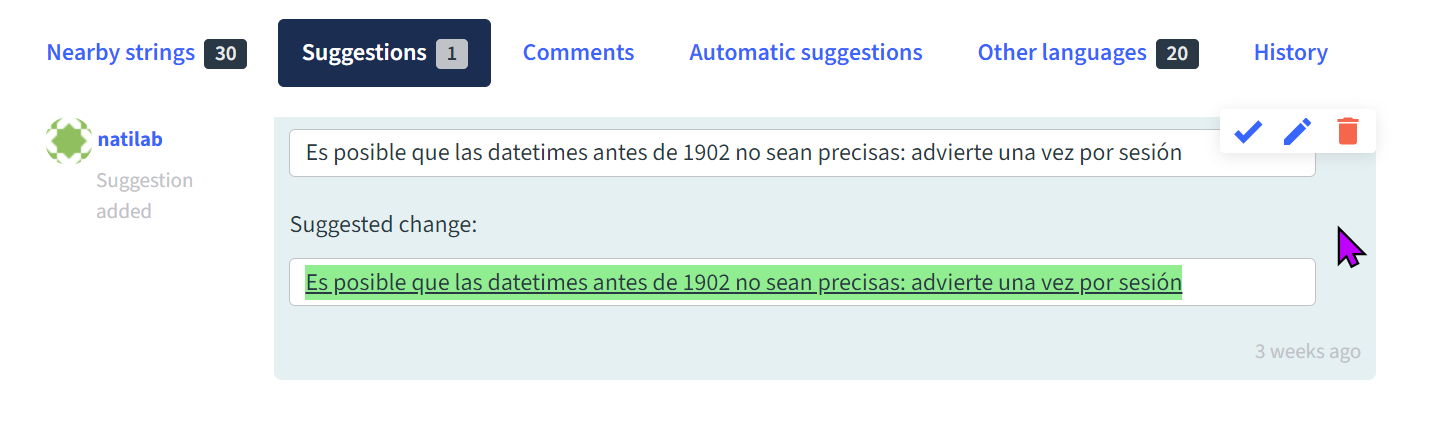 Screenshot of a suggestion for a specific string
