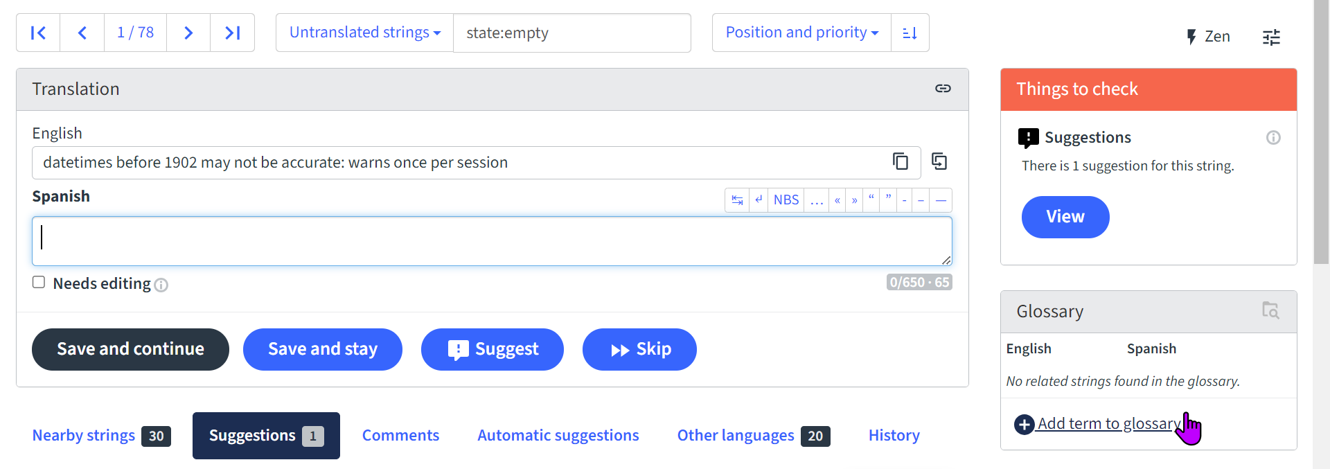Screenshot of the translation interface for translation of a specific string. Shows the english message with an empty box to type the Spanish translation